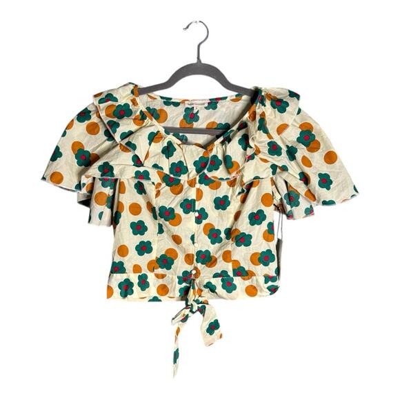 Saint Geraldine Tan and Green Floral Print Fabric Button Front Ruffle Detail Sm - Picture 1 of 7